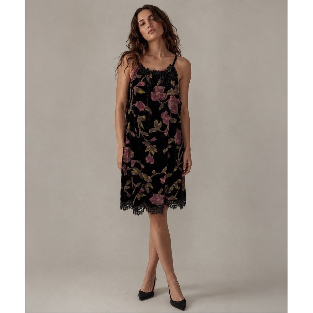Y2K MAX STUDIO‎ Whimsigoth Dress Womens M Black Lace Velvet Floral Dark Romantic